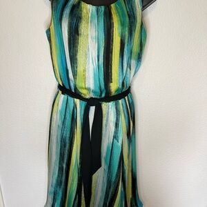 Alfani Sleeveless Midi Dress Green Blue Abstract Stripe w/ Belt Size 10
